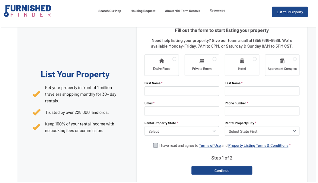 Furnished finder registration page for your property